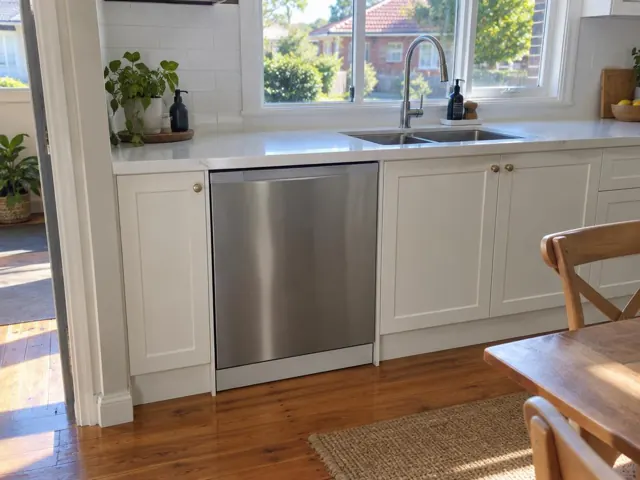 Kitchen with a built-in stainless dishwasher under a white benchtop beside a sink in Adamstown